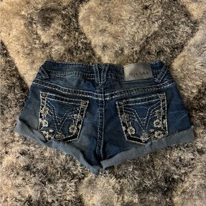 Navy blue Vigoss denim shorts with floral embroidery